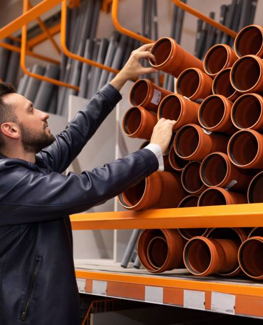 male plumber in a hardware store chooses the sewer pipes, the concept of plumbing work in the house male plumber in a hardware store chooses the sewer pipes, the concept of plumbing work in the house.